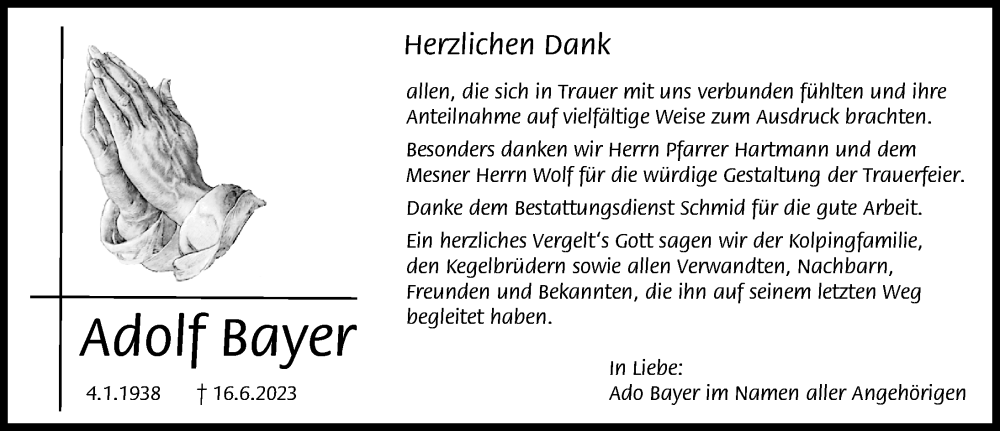 Traueranzeige von Adolf Bayer von Mindelheimer Zeitung