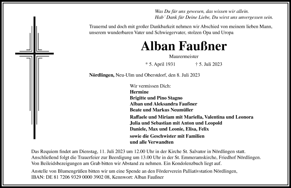 Traueranzeige von Alban Faußner von Rieser Nachrichten