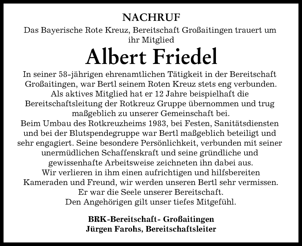 Traueranzeige von Albert Friedel von Schwabmünchner Allgemeine