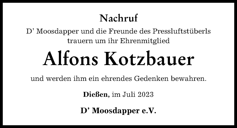 Traueranzeige von Alfons Kotzbauer von Ammersee Kurier