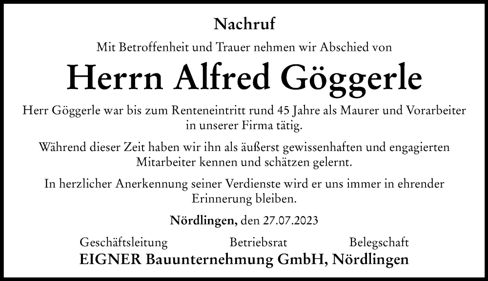 Traueranzeige von Alfred Göggerle von Rieser Nachrichten