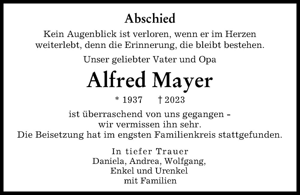 Traueranzeige von Alfred Mayer von Augsburger Allgemeine