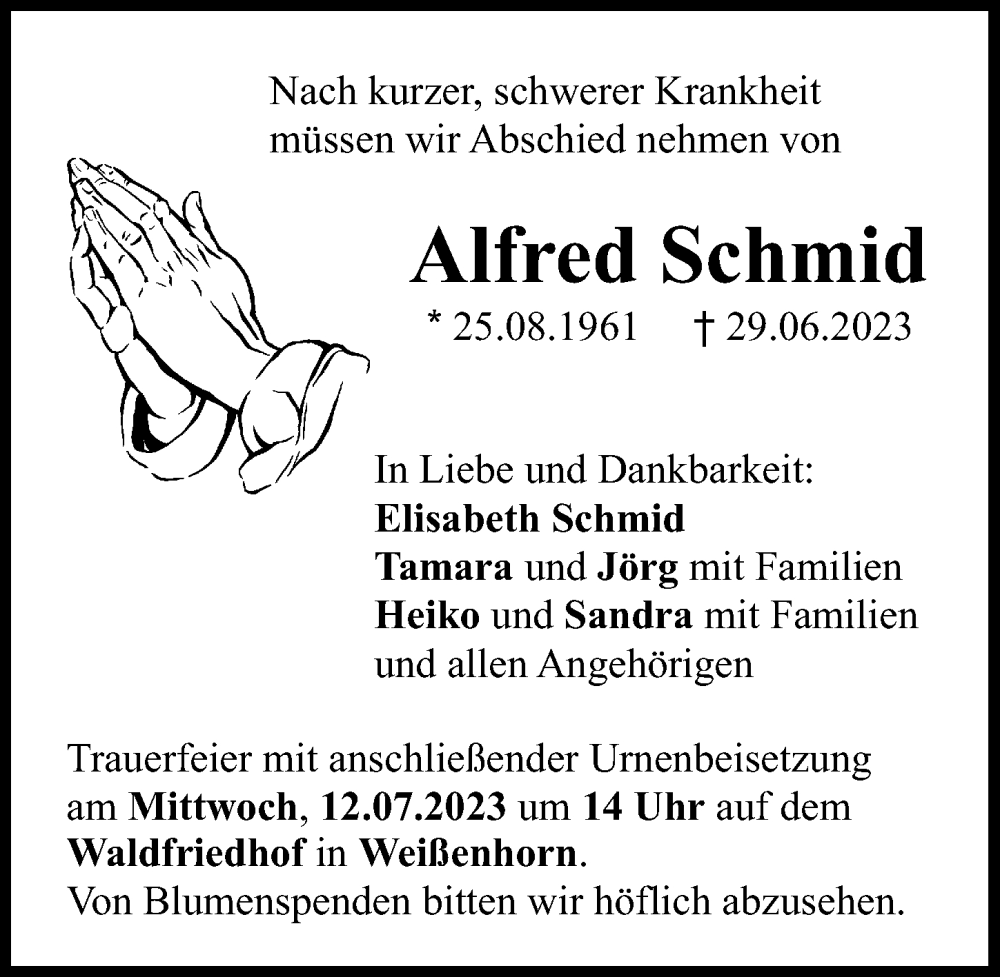 Traueranzeige von Alfred Schmid von Neu-Ulmer Zeitung