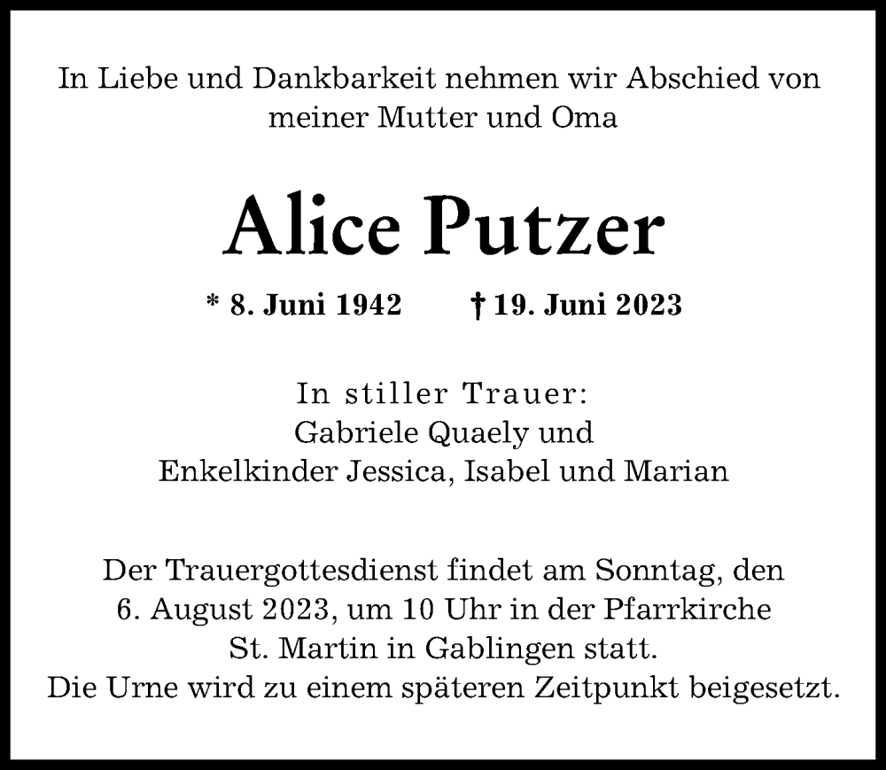 Traueranzeige von Alice Putzer von Augsburger Allgemeine