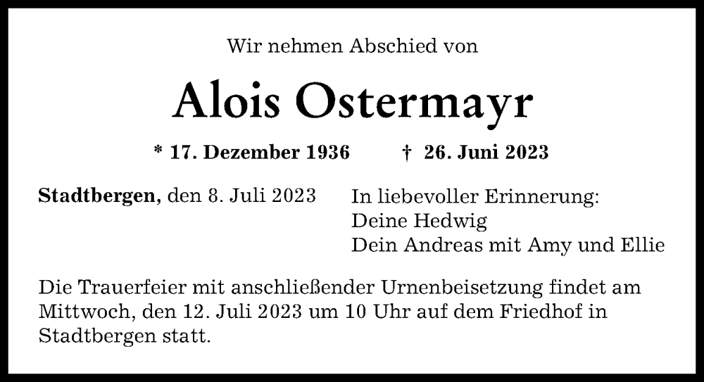 Traueranzeige von Alois Ostermayr von Augsburger Allgemeine