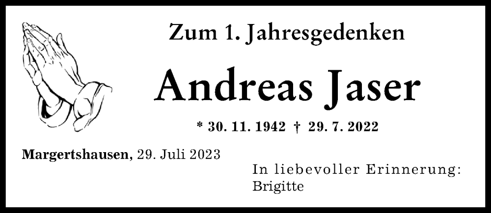 Traueranzeige von Andreas Jaser von Augsburger Allgemeine