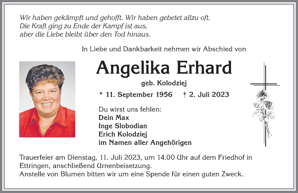 Traueranzeige von Angelika Erhard von Mindelheimer Zeitung