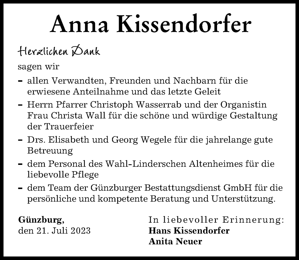 Traueranzeige von Anna Kissendorfer von Günzburger Zeitung