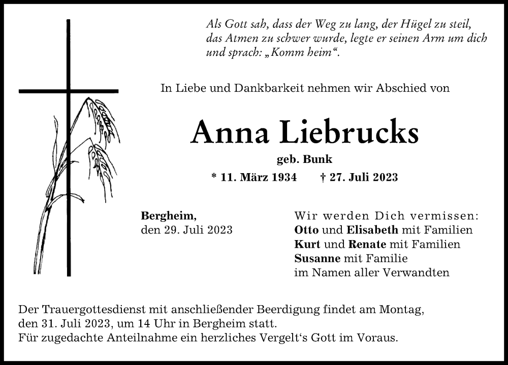 Traueranzeige von Anna Liebrucks von Donau Zeitung