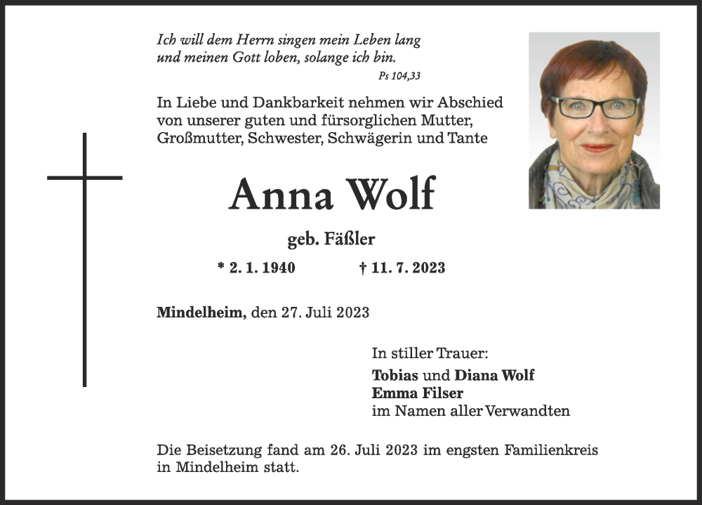 Traueranzeige von Anna Wolf von Mindelheimer Zeitung