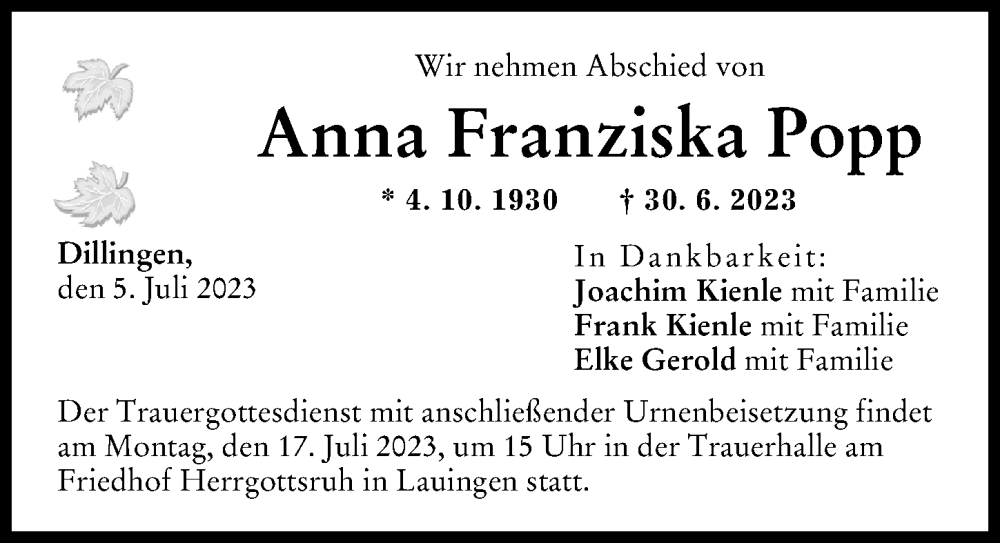 Traueranzeige von Anna Franziska Popp von Donau Zeitung