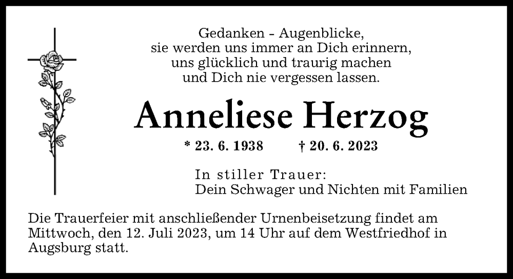 Traueranzeige von Anneliese Herzog von Augsburger Allgemeine