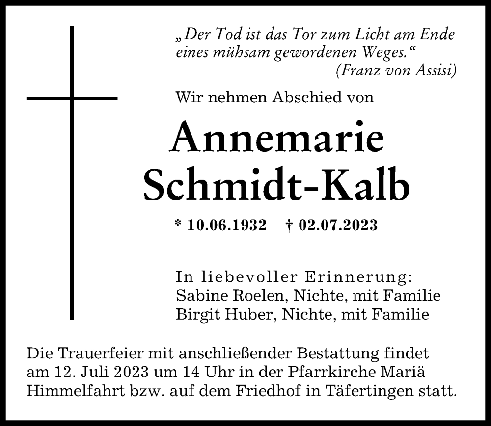 Traueranzeige von Annemarie Schmidt-Kalb von Augsburg-Land