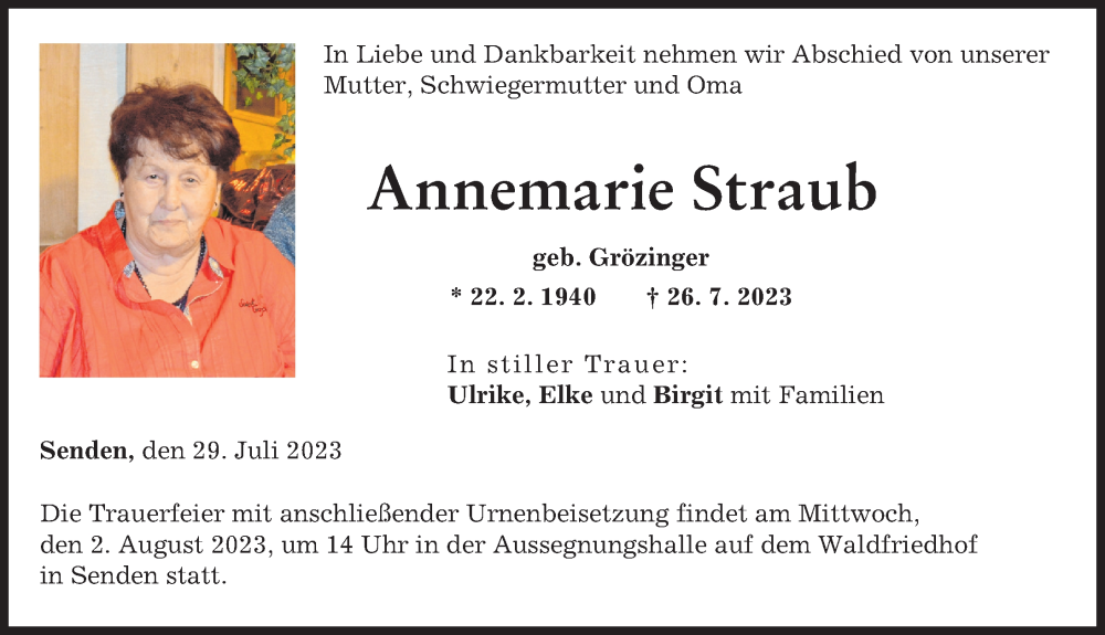  Traueranzeige für Annemarie Straub vom 29.07.2023 aus Illertisser Zeitung, Neu-Ulmer Zeitung