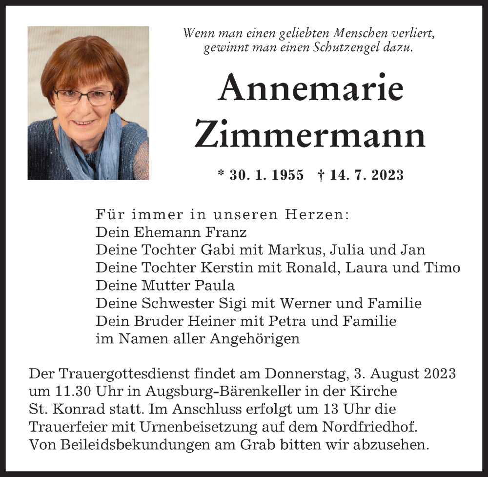 Traueranzeige von Annemarie Zimmermann von Augsburger Allgemeine