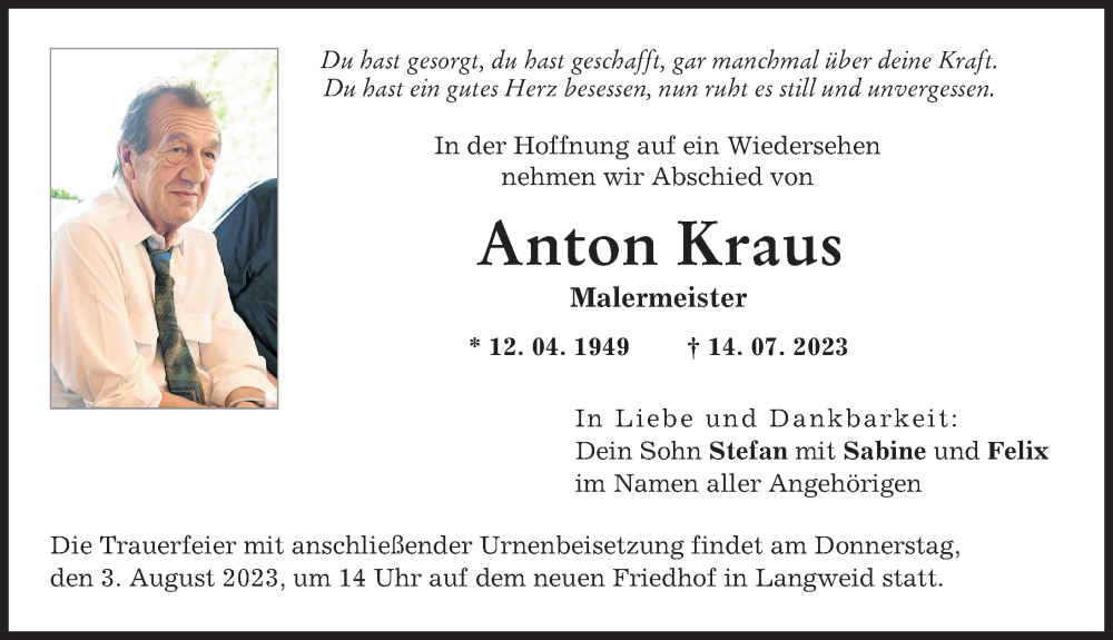  Traueranzeige für Anton Kraus vom 29.07.2023 aus Augsburger Allgemeine