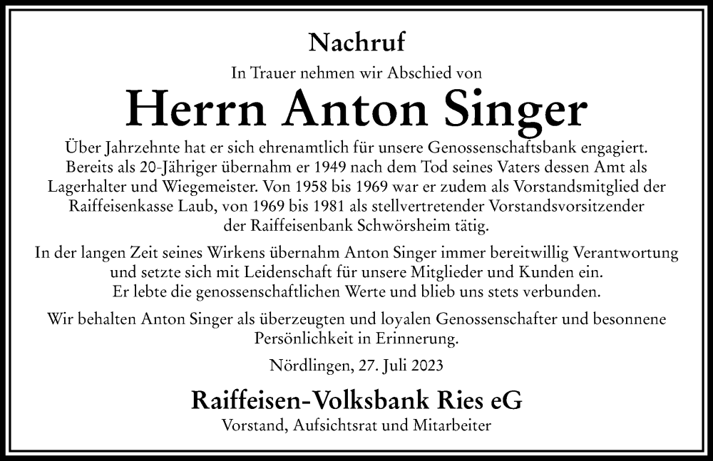 Traueranzeige von Anton Singer von Rieser Nachrichten