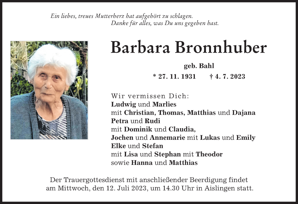 Traueranzeige von Barbara Bronnhuber von Donau Zeitung