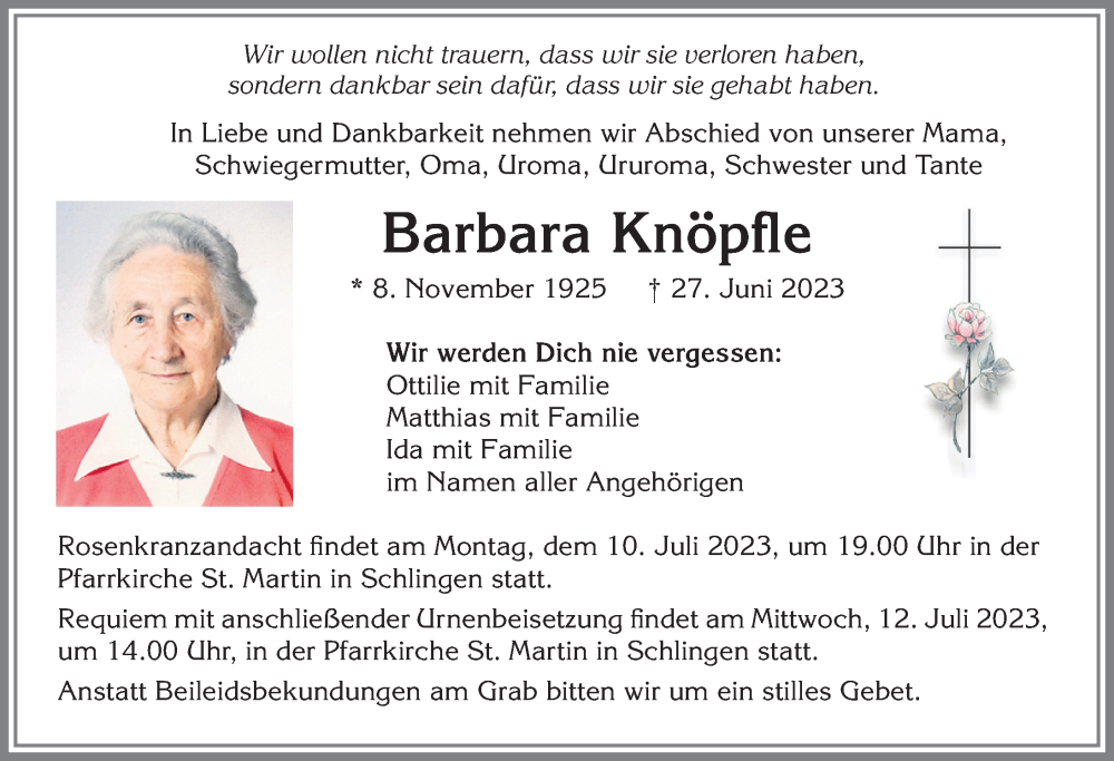 Traueranzeige von Barbara Knöpfle von Mindelheimer Zeitung