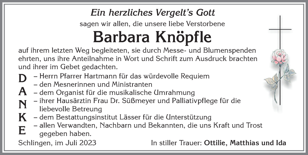 Traueranzeige von Barbara Knöpfle von Mindelheimer Zeitung
