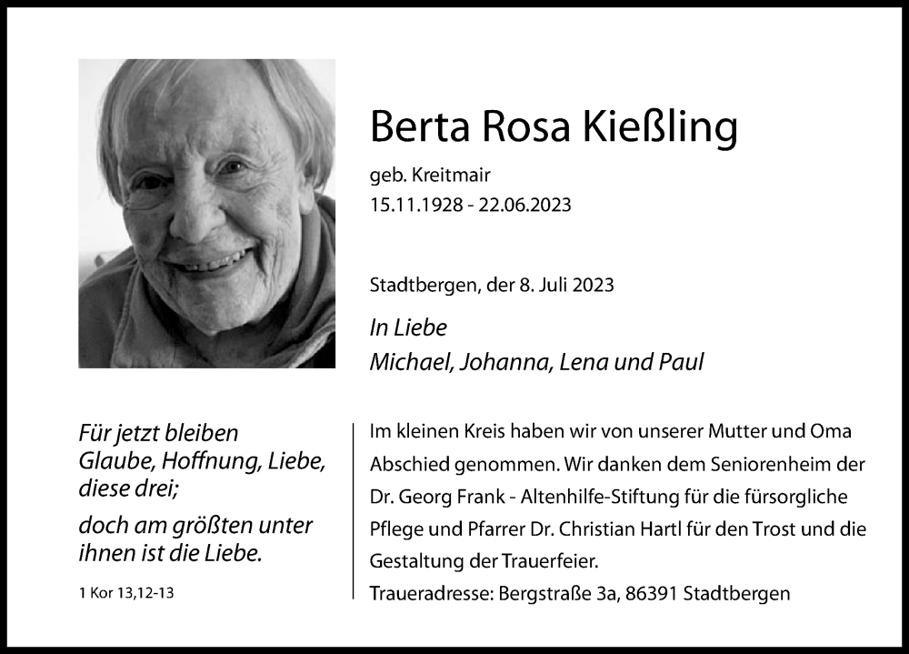 Traueranzeige von Berta Rosa Kießling von Augsburger Allgemeine