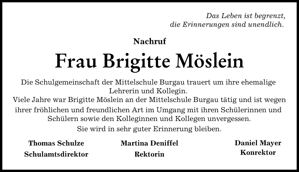 Traueranzeige von Brigitte Möslein von Günzburger Zeitung