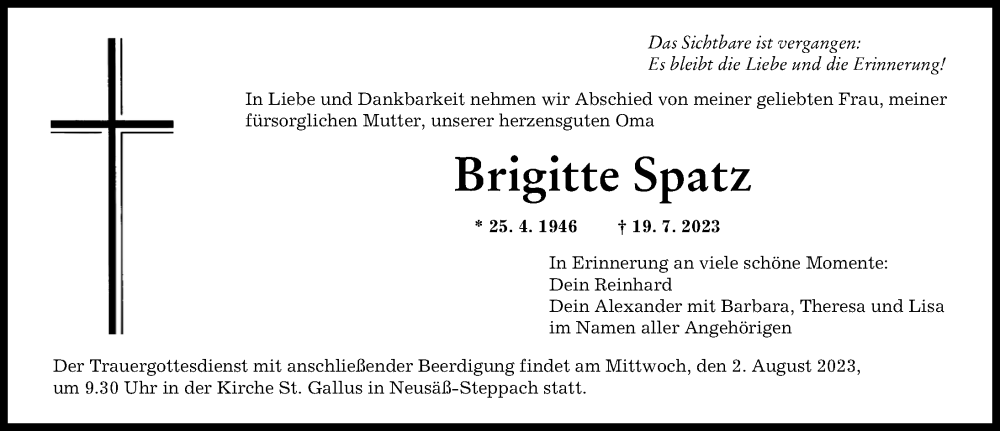 Traueranzeige von Brigitte Spatz von Augsburger Allgemeine