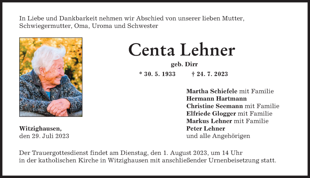 Traueranzeige von Centa Lehner von Neu-Ulmer Zeitung