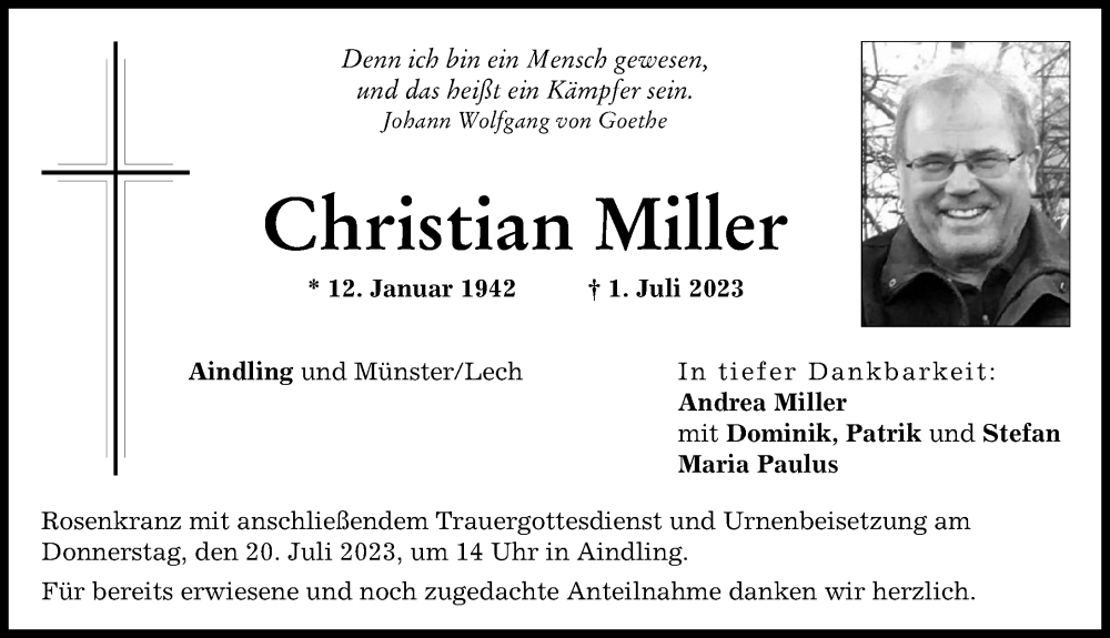 Traueranzeige von Christian Miller von Donauwörther Zeitung, Aichacher Nachrichten