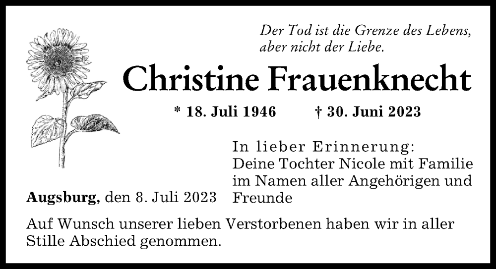 Traueranzeige von Christine Frauenknecht von Augsburger Allgemeine