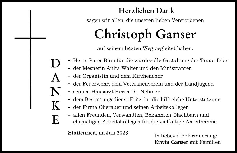 Traueranzeige von Christoph Ganser von Mittelschwäbische Nachrichten