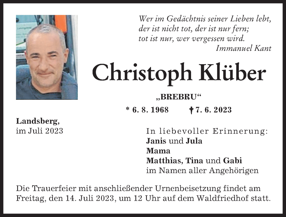 Traueranzeige von Christoph Klüber von Landsberger Tagblatt