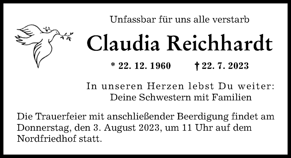 Traueranzeige von Claudia Reichhardt von Augsburger Allgemeine