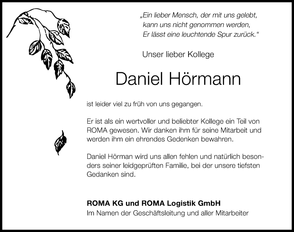  Traueranzeige für Daniel Hörmann vom 11.07.2023 aus Günzburger Zeitung