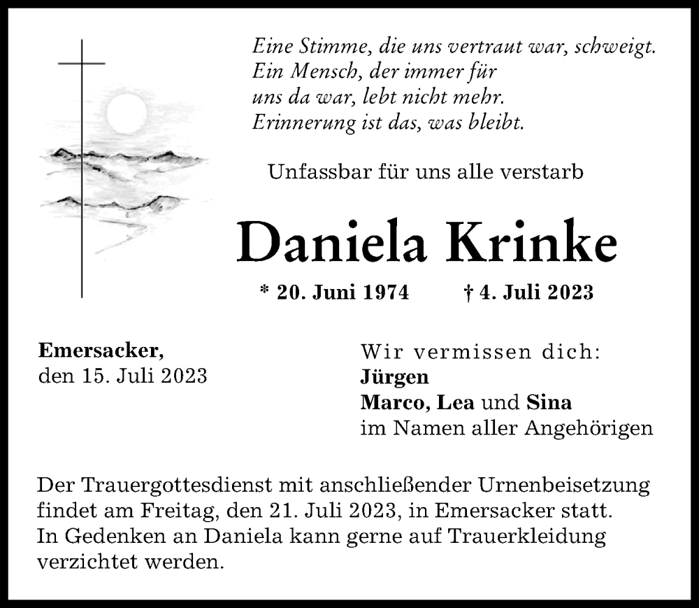  Traueranzeige für Daniela Krinke vom 15.07.2023 aus Augsburg-Land