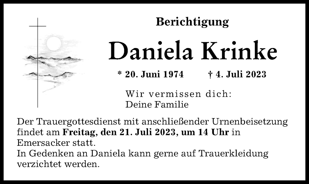  Traueranzeige für Daniela Krinke vom 18.07.2023 aus Augsburg-Land