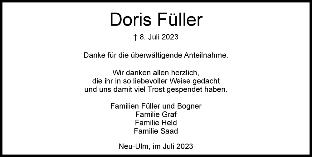 Traueranzeige von Doris Füller von Augsburger Allgemeine, Neu-Ulmer Zeitung