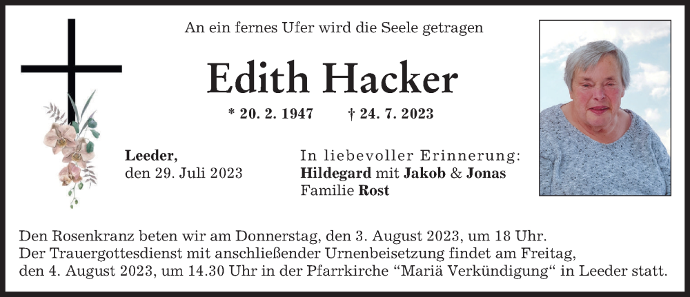 Traueranzeige von Edith Hacker von Landsberger Tagblatt