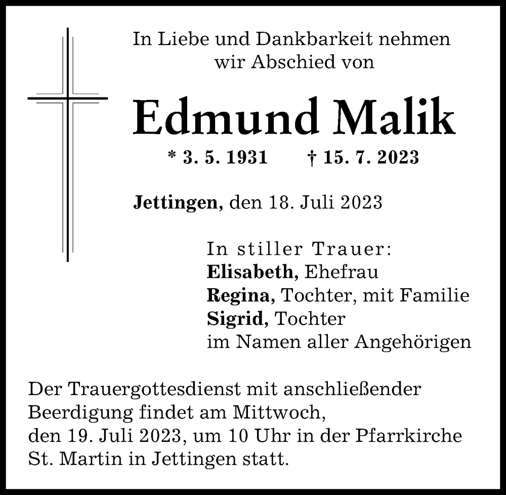 Traueranzeige von Edmund Malik von Günzburger Zeitung