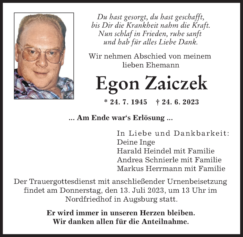 Traueranzeige von Egon Zaiczek von Augsburger Allgemeine