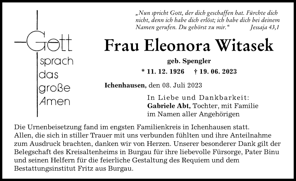 Traueranzeige von Eleonora Witasek von Günzburger Zeitung