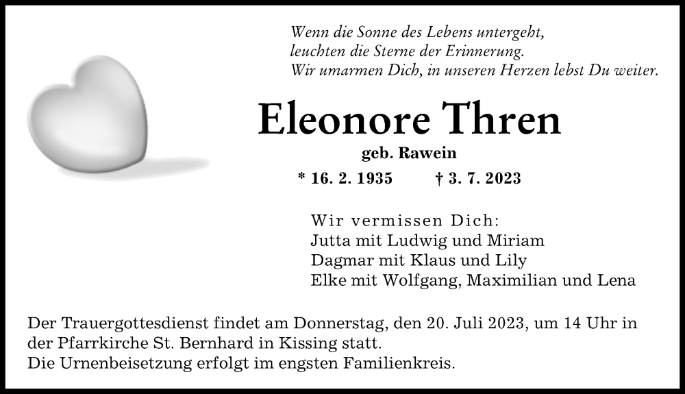 Traueranzeige von Eleonore Thren von Augsburger Allgemeine