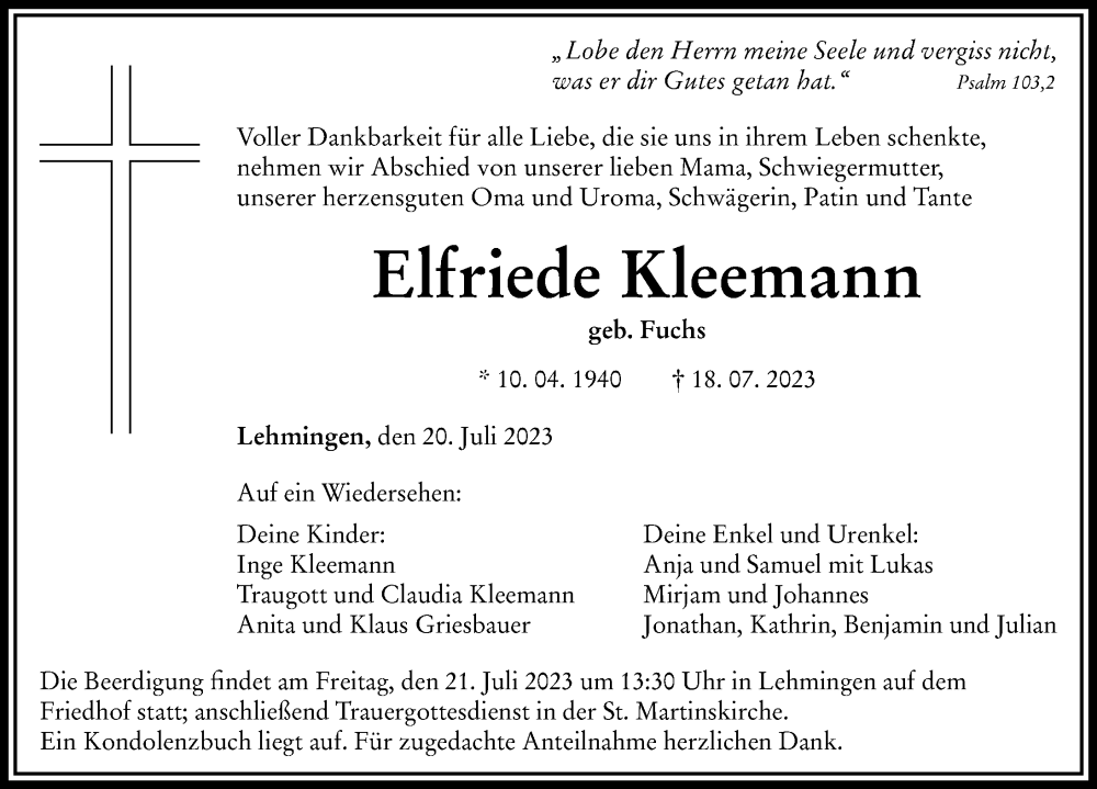 Traueranzeige von Elfriede Kleemann von Rieser Nachrichten