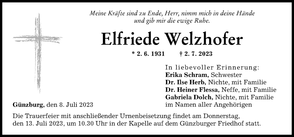 Traueranzeige von Elfriede Welzhofer von Günzburger Zeitung