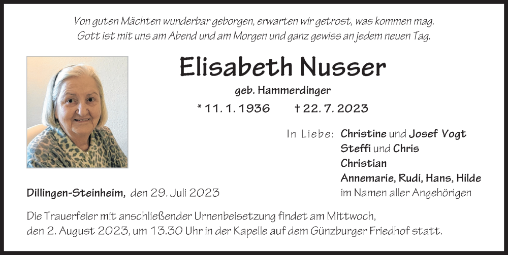 Traueranzeige von Elisabeth Nusser von Günzburger Zeitung