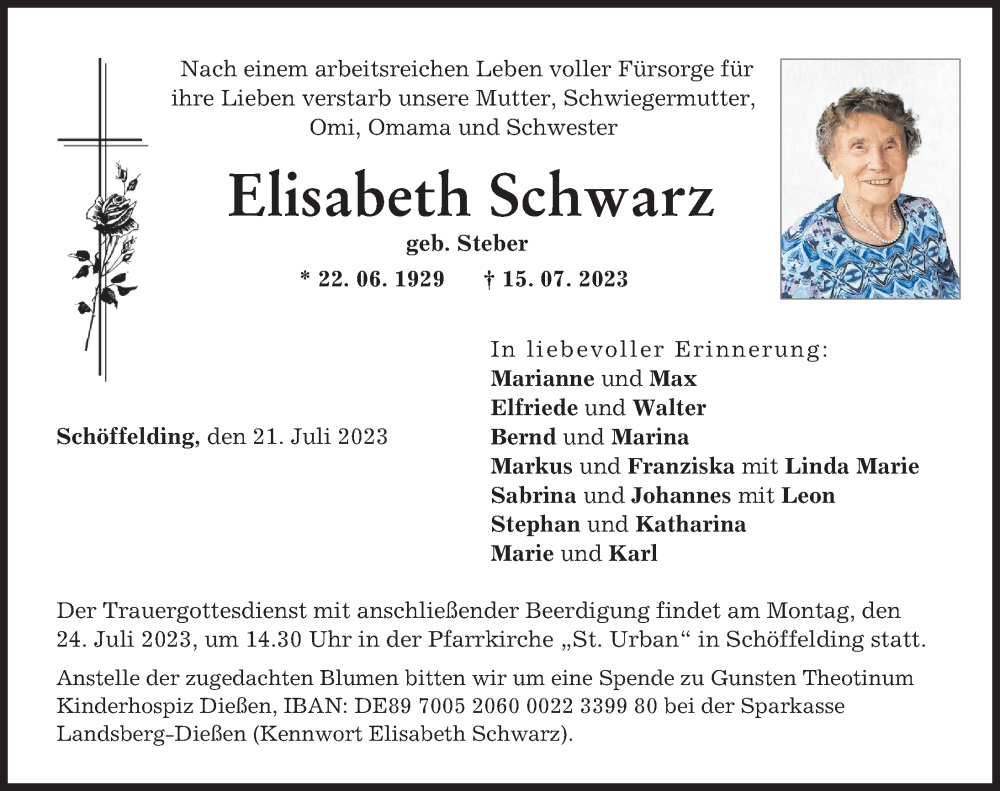 Traueranzeige von Elisabeth Schwarz von Landsberger Tagblatt