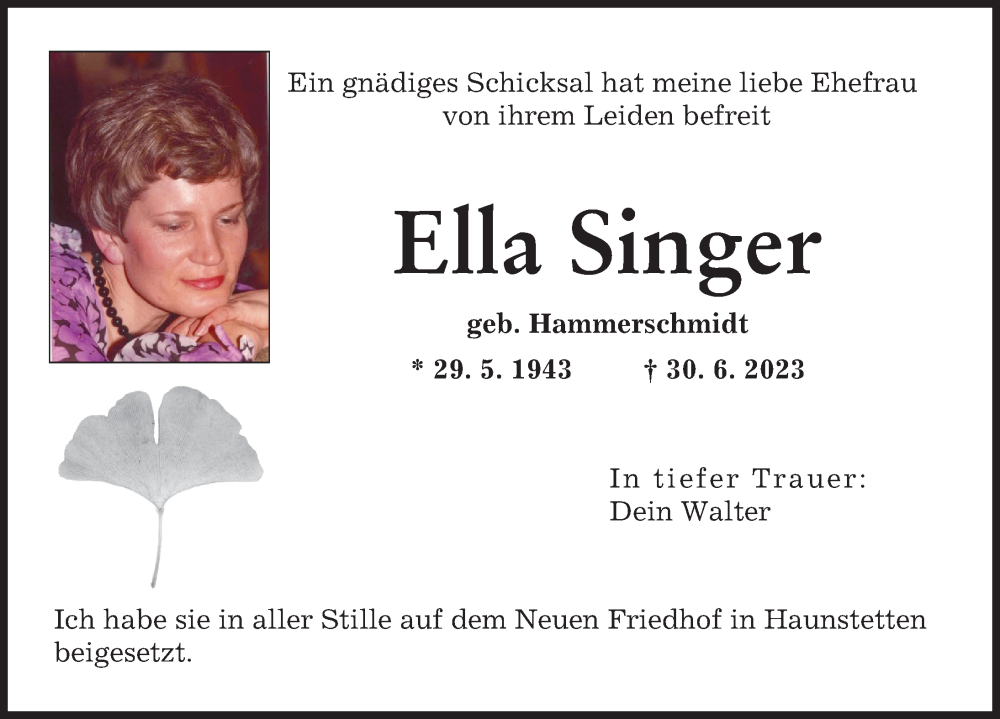 Traueranzeige von Ella Singer von Augsburger Allgemeine