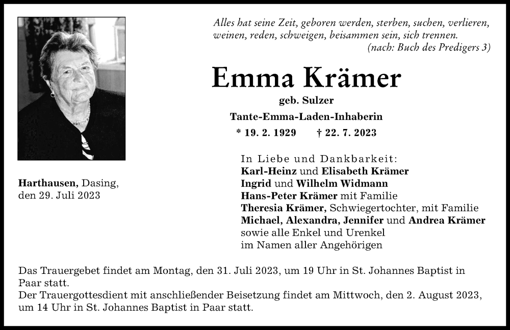 Traueranzeige von Emma Krämer von Friedberger Allgemeine