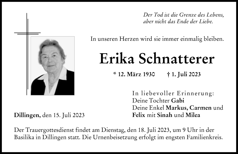 Traueranzeige von Erika Schnatterer von Donau Zeitung