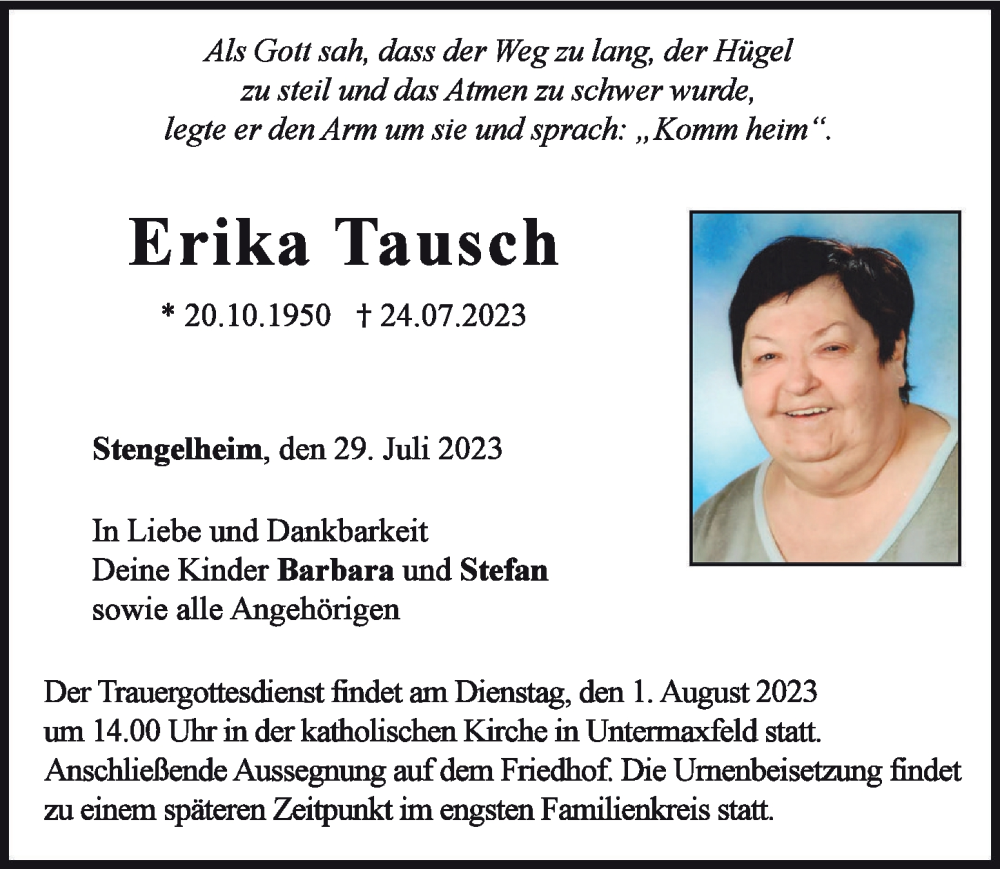 Traueranzeige von Erika Tausch von Neuburger Rundschau